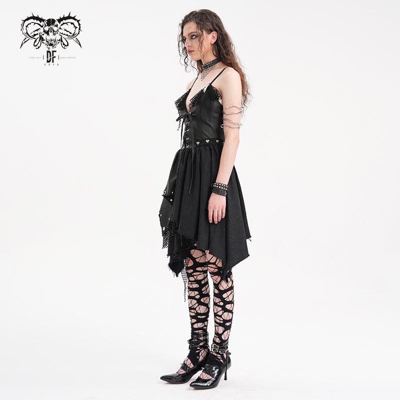 DEVIL FASHION Women's Gothic Mesh Lace-up Irregular Slip Dress