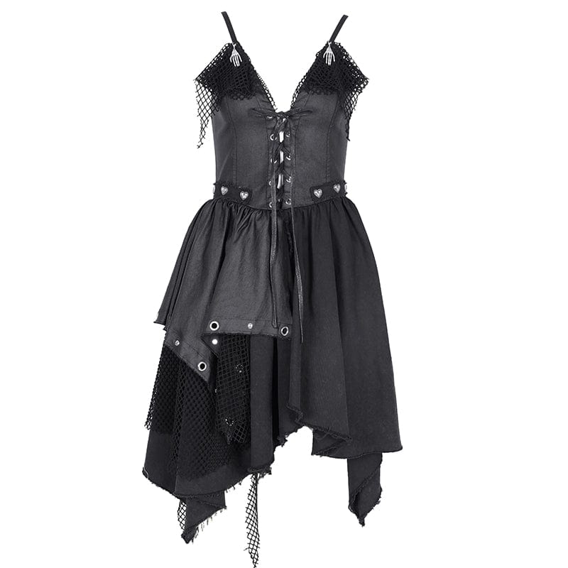 DEVIL FASHION Women's Gothic Mesh Lace-up Irregular Slip Dress