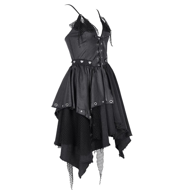 DEVIL FASHION Women's Gothic Mesh Lace-up Irregular Slip Dress