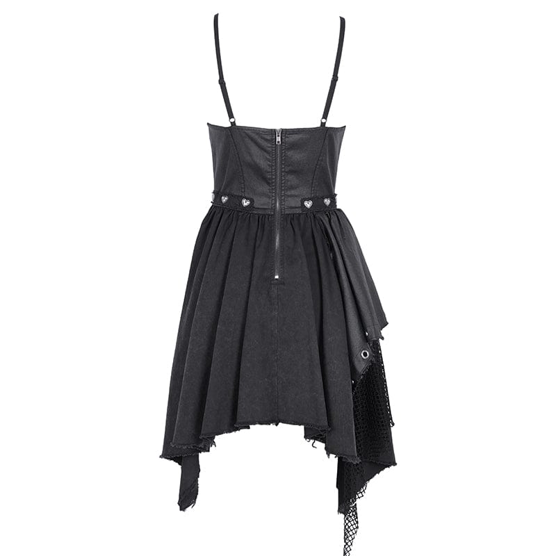 DEVIL FASHION Women's Gothic Mesh Lace-up Irregular Slip Dress