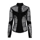 DEVIL FASHION Women's Gothic Mesh Lace-Up Mock Neck Long Sleeve Top