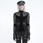 DEVIL FASHION Women's Gothic Mesh Lace-Up Mock Neck Long Sleeve Top