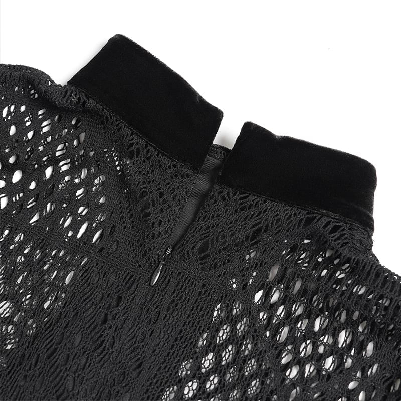 DEVIL FASHION Women's Gothic Mesh Lace-Up Mock Neck Long Sleeve Top