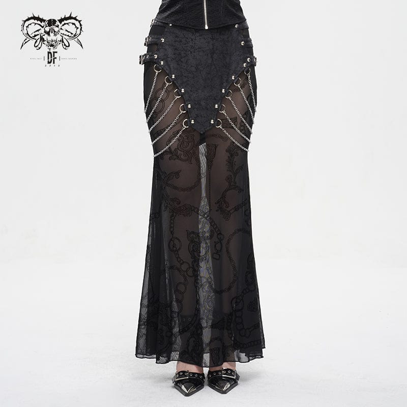 DEVIL FASHION Women's Gothic Mesh Splice Chain Fishtail Skirt