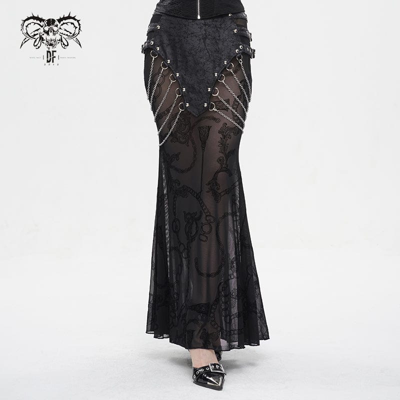 DEVIL FASHION Women's Gothic Mesh Splice Chain Fishtail Skirt