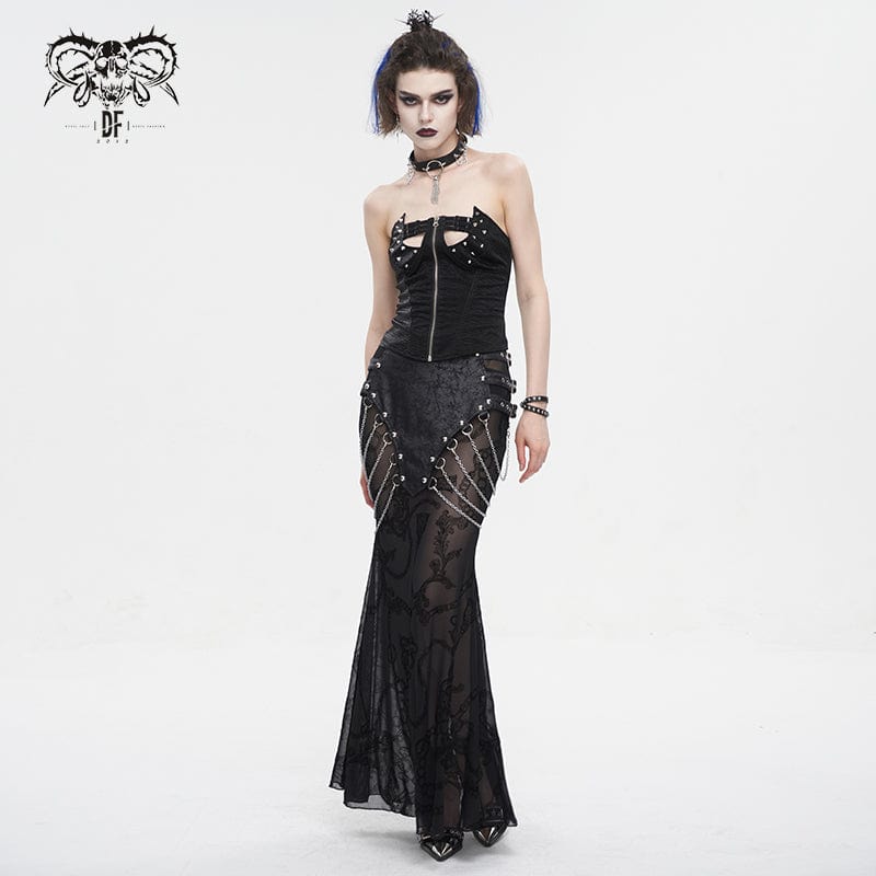 DEVIL FASHION Women's Gothic Mesh Splice Chain Fishtail Skirt