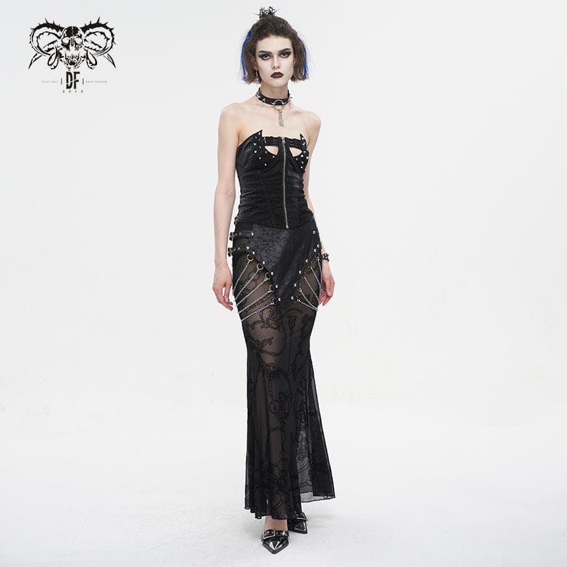 DEVIL FASHION Women's Gothic Mesh Splice Chain Fishtail Skirt