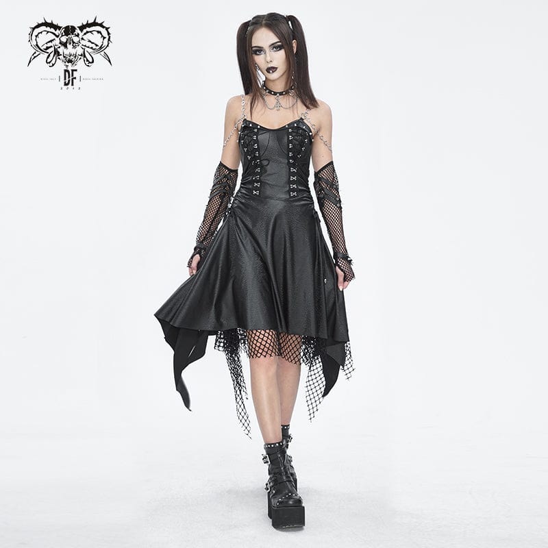 DEVIL FASHION Women's Gothic Mesh Stud Faux Leather Hem Dress