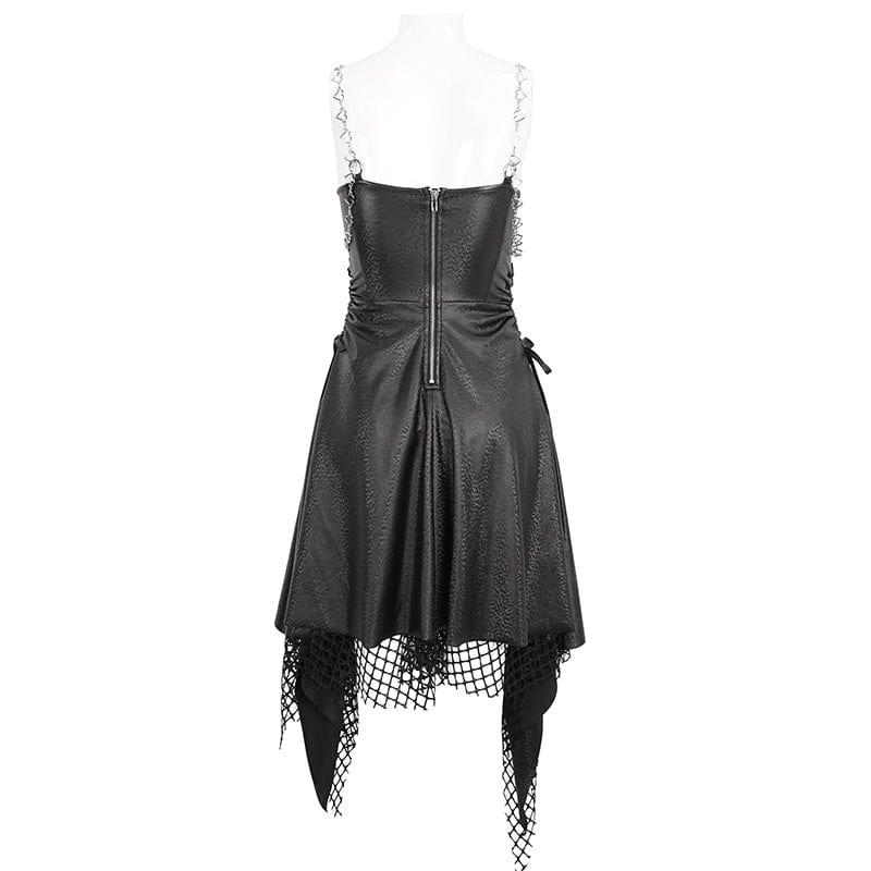 DEVIL FASHION Women's Gothic Mesh Stud Faux Leather Hem Dress