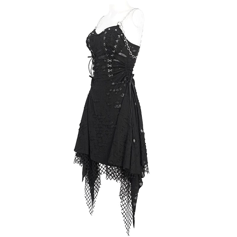 DEVIL FASHION Women's Gothic Mesh Stud Ripped Hem Slip Dress