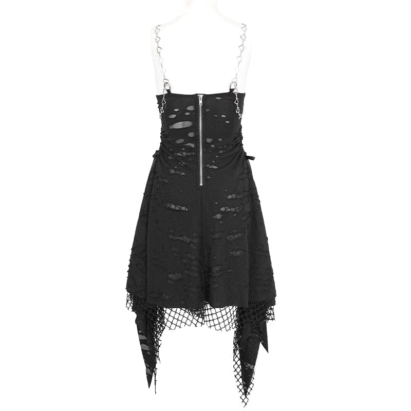 DEVIL FASHION Women's Gothic Mesh Stud Ripped Hem Slip Dress