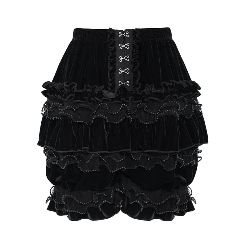 DEVIL FASHION Women's Gothic Multi-Layer Beaded Ruffle Velvet Shorts Black