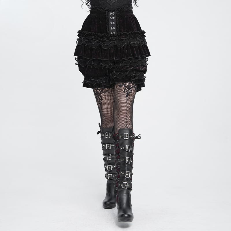 DEVIL FASHION Women's Gothic Multi-Layer Beaded Ruffle Velvet Shorts Black-Red