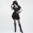 DEVIL FASHION Women's Gothic Multi-Layer Beaded Ruffle Velvet Shorts Black-Red