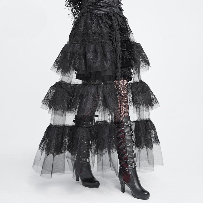 DEVIL FASHION Women's Gothic Multilayer Floral Lace Mesh Maxi Skirt