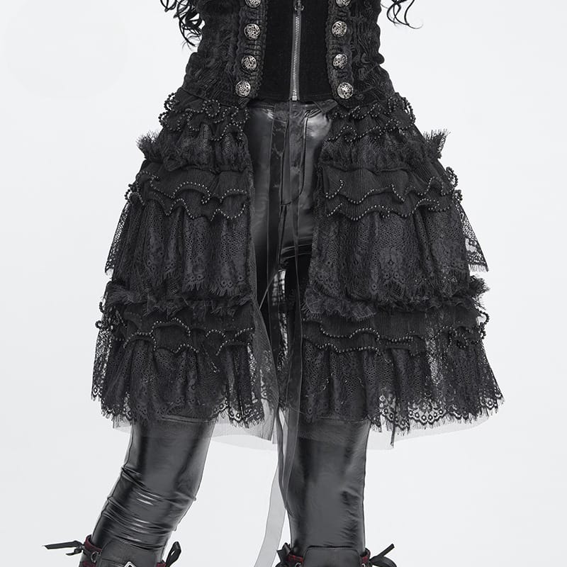 DEVIL FASHION Women's Gothic Multilayer Ruffle Lace Mesh Mini Skirt