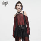 DEVIL FASHION Women's Gothic Off Shoulder Buckle Sheer Crop Top Red