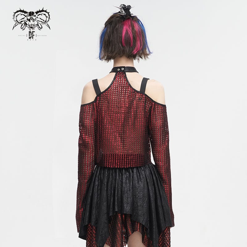 DEVIL FASHION Women's Gothic Off Shoulder Buckle Sheer Crop Top Red