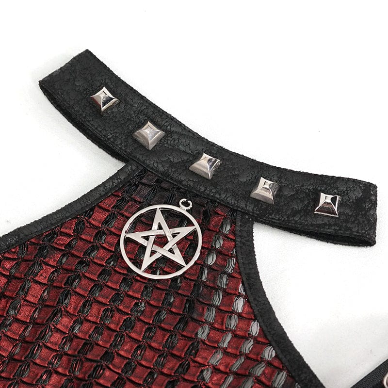 DEVIL FASHION Women's Gothic Off Shoulder Buckle Sheer Crop Top Red