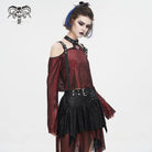 DEVIL FASHION Women's Gothic Off Shoulder Buckle Sheer Crop Top Red