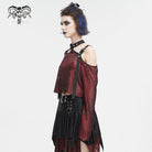 DEVIL FASHION Women's Gothic Off Shoulder Buckle Sheer Crop Top Red