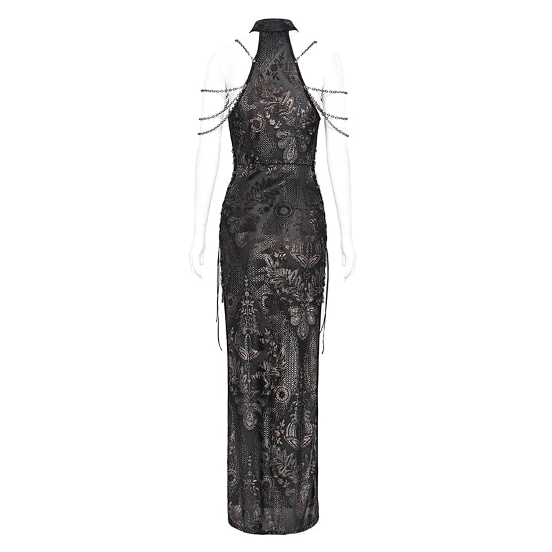 DEVIL FASHION Women's Gothic Off-the-shoulder Cutout Side Slit Gown Dress