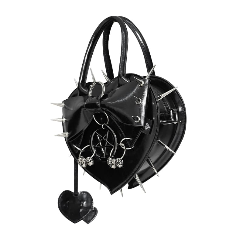 DEVIL FASHION Women's Gothic Pentacle Spiked Heart-Shaped Handbag Black