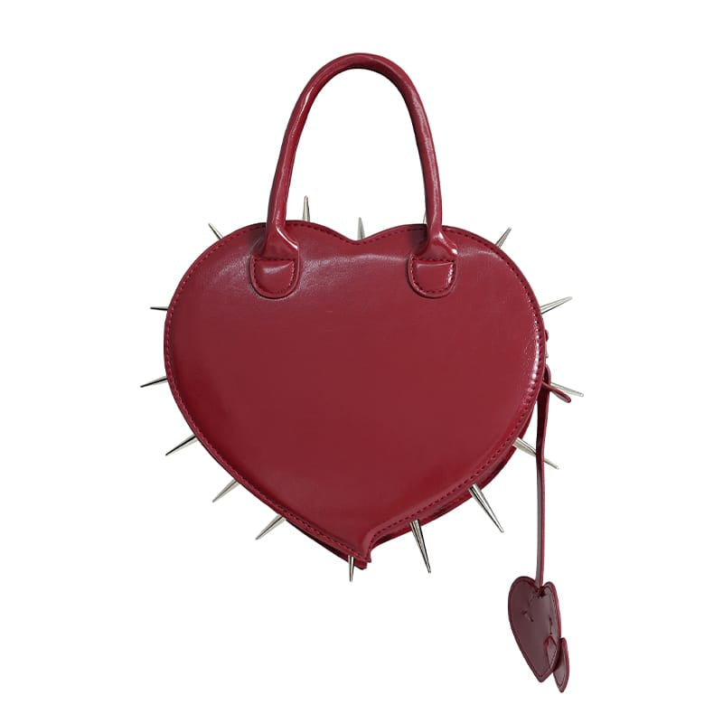 DEVIL FASHION Women's Gothic Pentacle Spiked Heart-Shaped Handbag Red