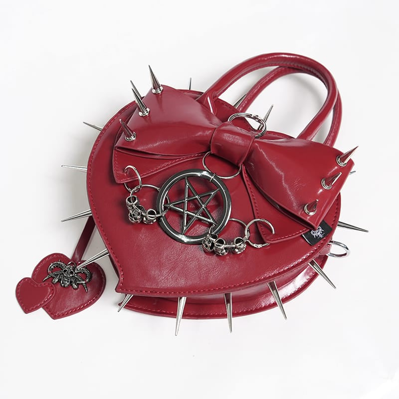 DEVIL FASHION Women's Gothic Pentacle Spiked Heart-Shaped Handbag Red