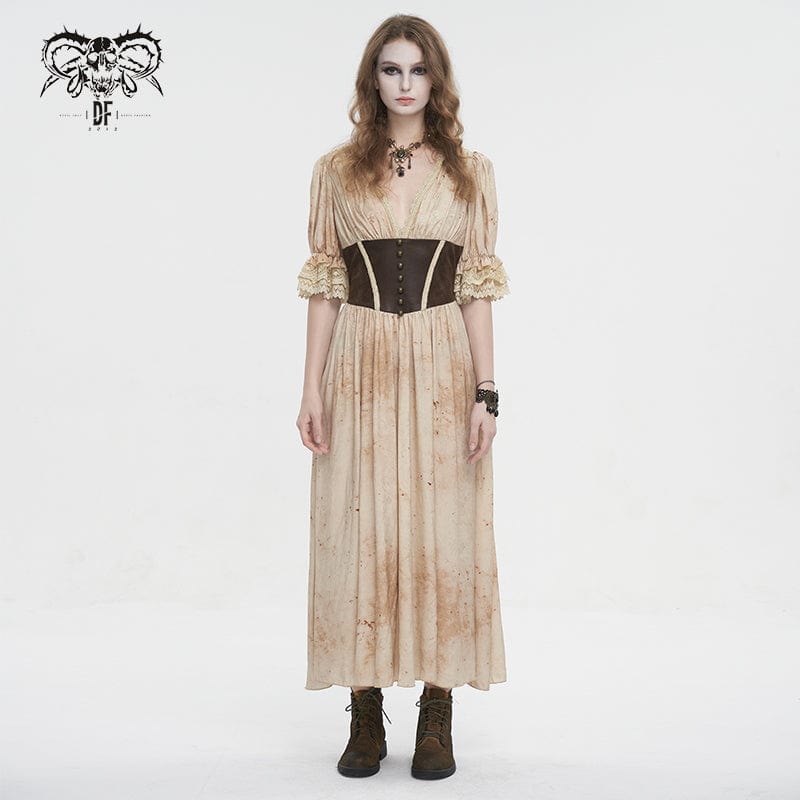 DEVIL FASHION Women's Gothic Plunging Puff SLeeved Lace Hem Dress