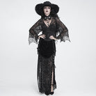 DEVIL FASHION Women's Gothic Plunging V-Neck Floral Mesh Bell Sleeve Top
