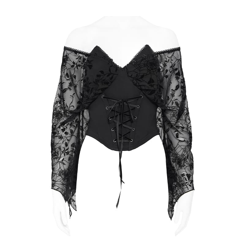 DEVIL FASHION Women's Gothic Plunging V-Neck Floral Mesh Bell Sleeve Top