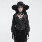 DEVIL FASHION Women's Gothic Plunging V-Neck Floral Mesh Bell Sleeve Top