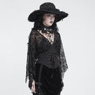 DEVIL FASHION Women's Gothic Plunging V-Neck Floral Mesh Bell Sleeve Top