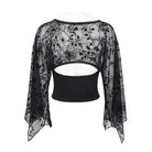 DEVIL FASHION Women's Gothic Plunging V-Neck Floral Mesh Bell Sleeve Top