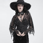 DEVIL FASHION Women's Gothic Plunging V-Neck Floral Mesh Bell Sleeve Top