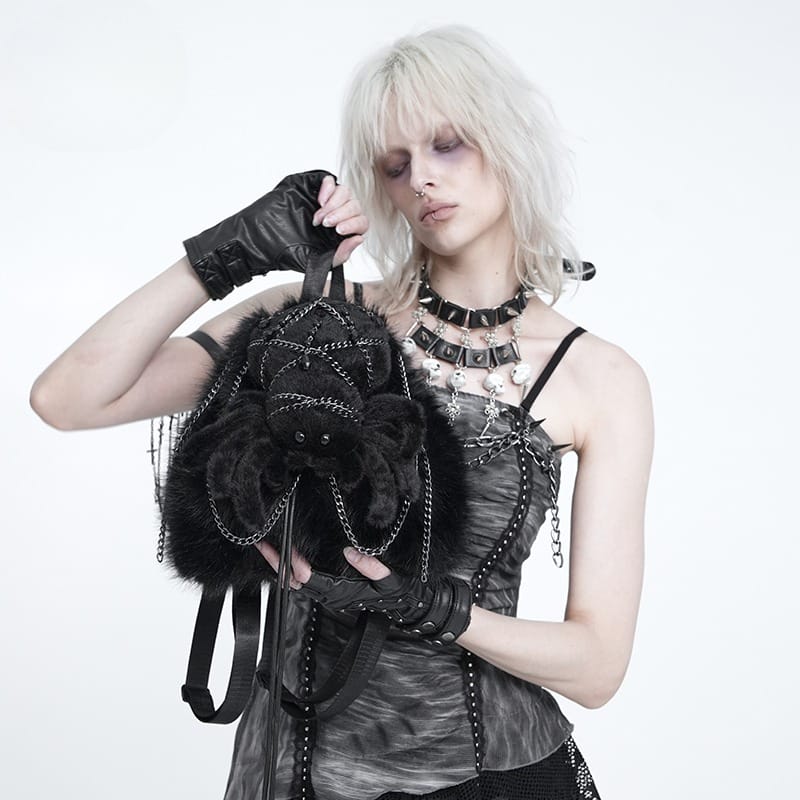DEVIL FASHION Women's Gothic Plush Chains Spider Backpack Black