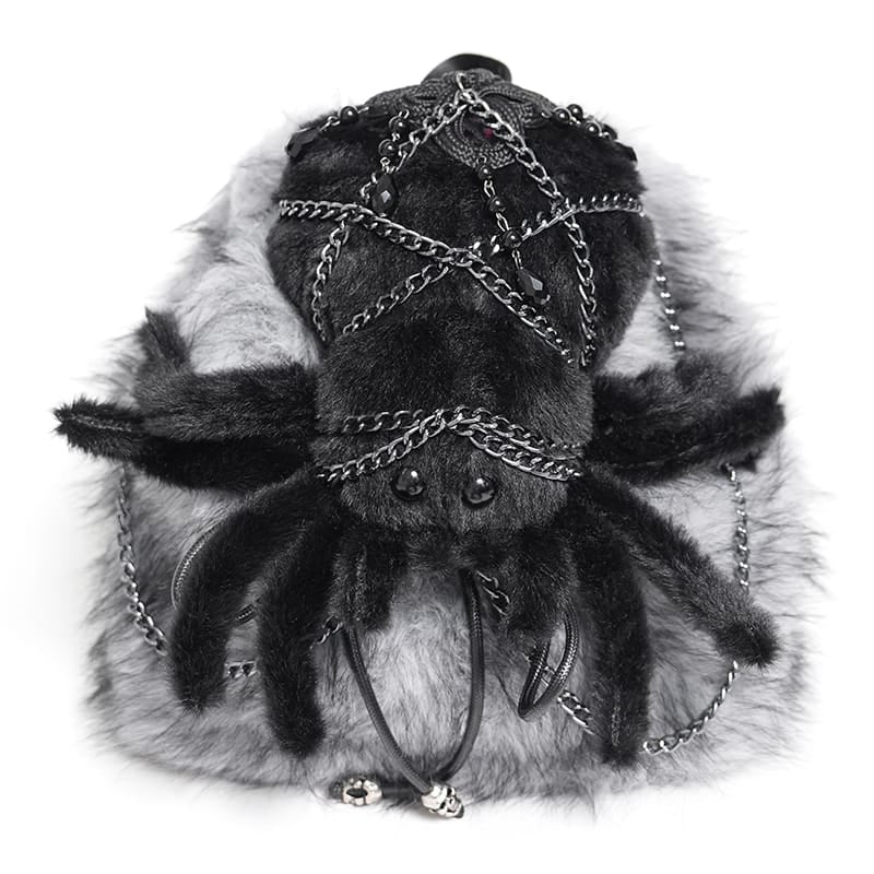 DEVIL FASHION Women's Gothic Plush Chains Spider Backpack Grey-Black