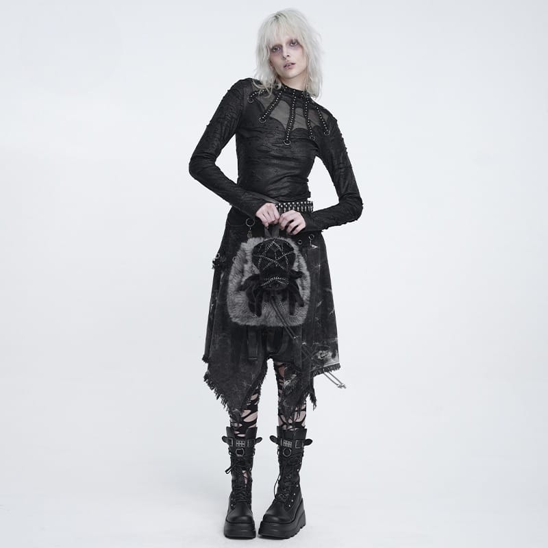 DEVIL FASHION Women's Gothic Plush Chains Spider Backpack Grey-Black