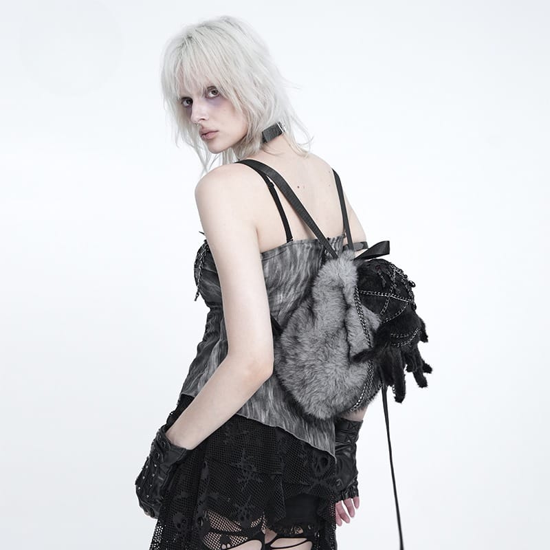 DEVIL FASHION Women's Gothic Plush Chains Spider Backpack Grey-Black