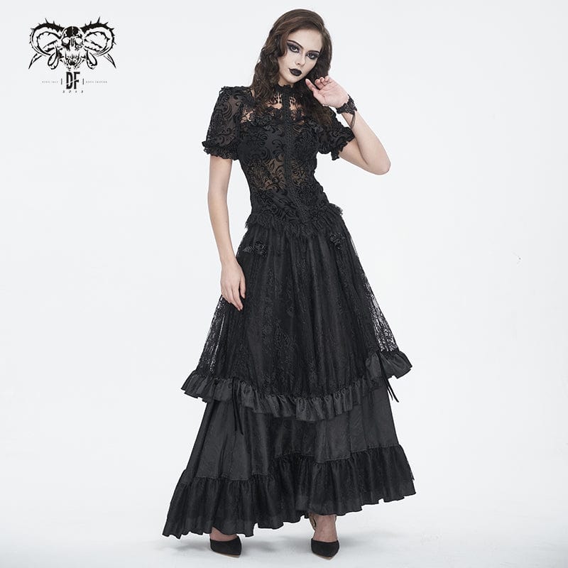 DEVIL FASHION Women's Gothic Puff Sleeved Flocking Mesh Sheer Shirt