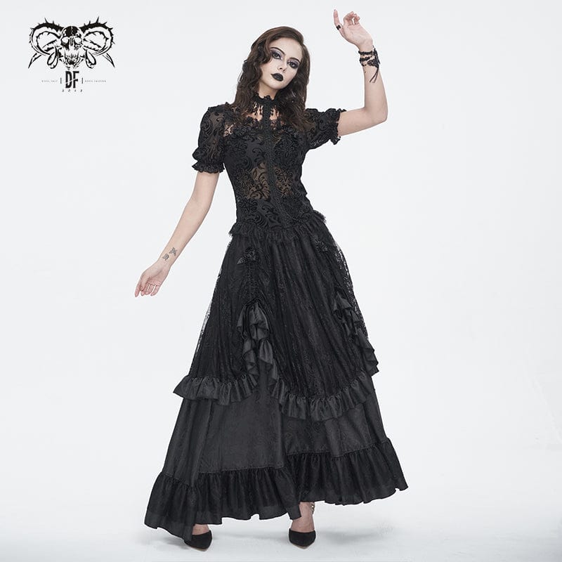 DEVIL FASHION Women's Gothic Puff Sleeved Flocking Mesh Sheer Shirt