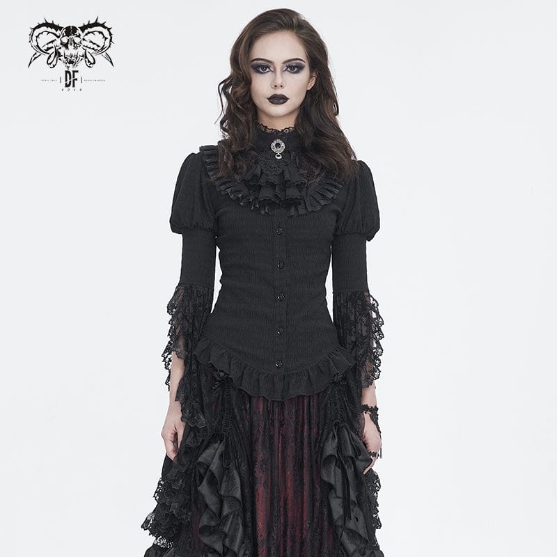 DEVIL FASHION Women's Gothic Puff Sleeved Ruffled Shirt with Detached Neckwear