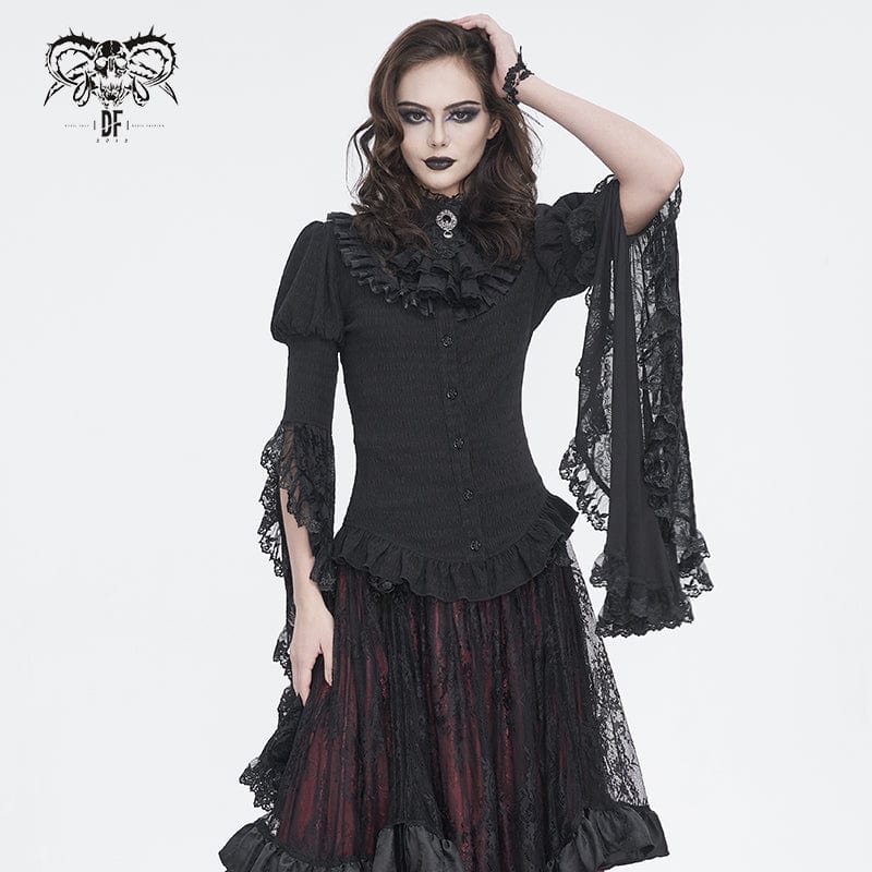 DEVIL FASHION Women's Gothic Puff Sleeved Ruffled Shirt with Detached Neckwear