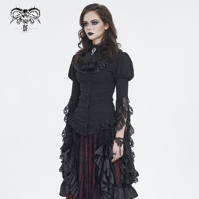 DEVIL FASHION Women's Gothic Puff Sleeved Ruffled Shirt with Detached Neckwear