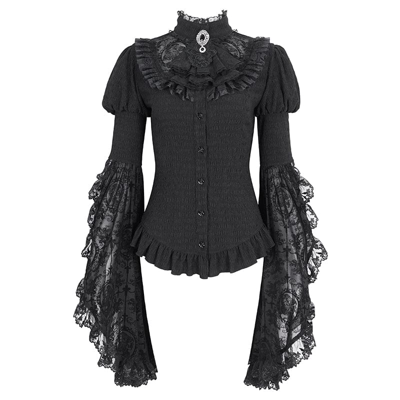 DEVIL FASHION Women's Gothic Puff Sleeved Ruffled Shirt with Detached Neckwear