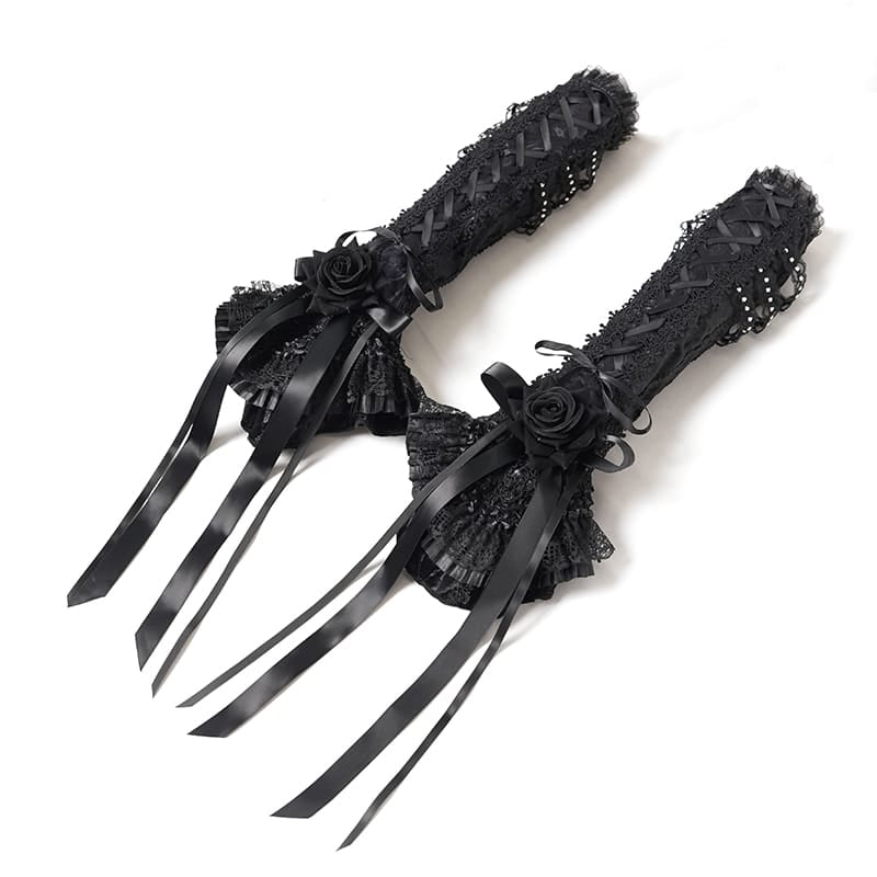 DEVIL FASHION Women's Gothic Rose Bowknot Lace-up Arm Sleeves Black