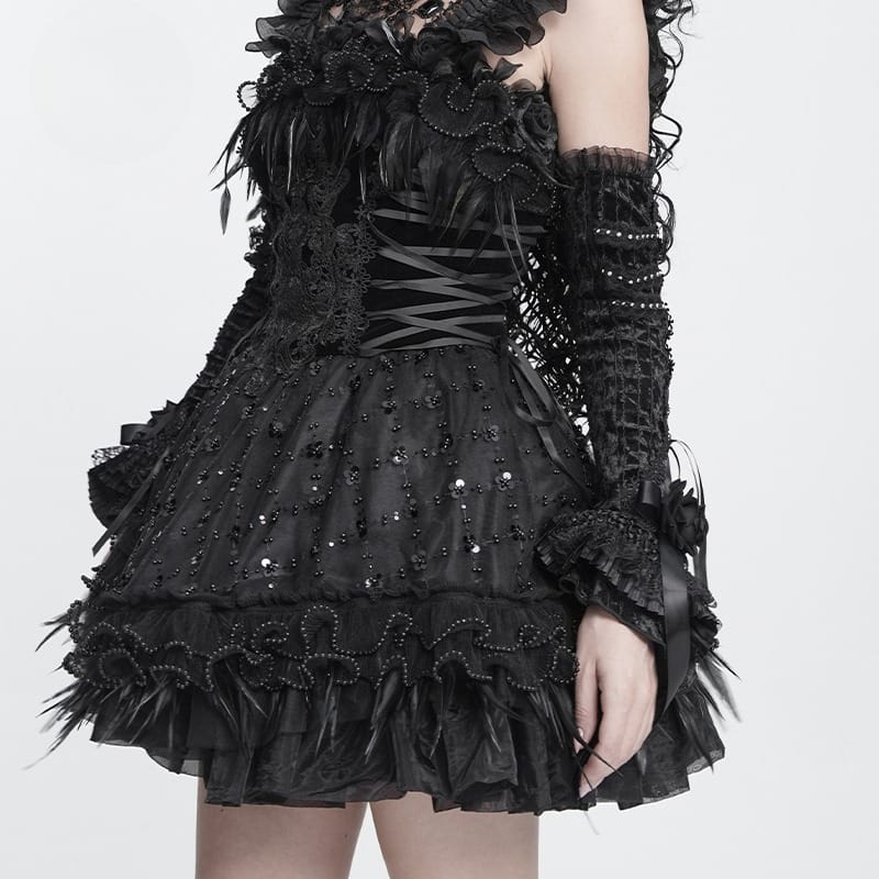 DEVIL FASHION Women's Gothic Rose Bowknot Lace-up Arm Sleeves Black