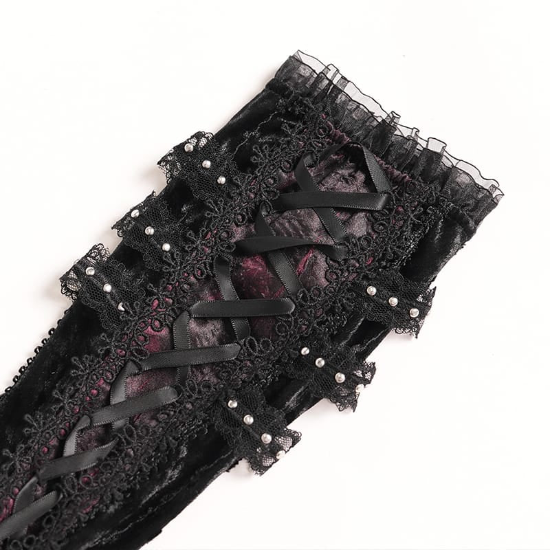 DEVIL FASHION Women's Gothic Rose Bowknot Lace-up Arm Sleeves Black-Red