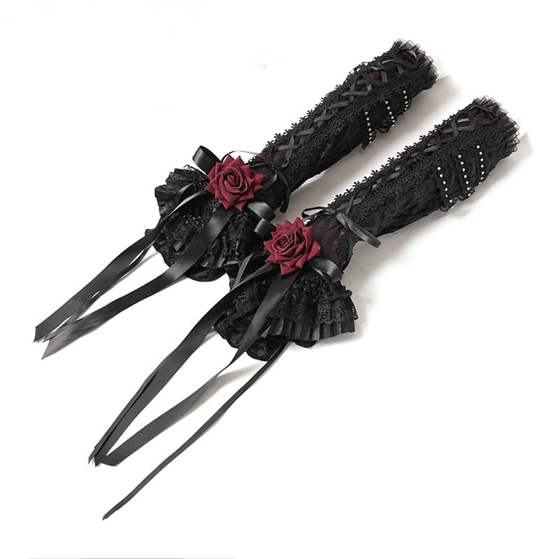 DEVIL FASHION Women's Gothic Rose Bowknot Lace-up Arm Sleeves Black-Red